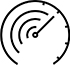 black and white line icon of a gauge or speedometer with a needle pointing upward