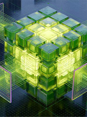 A 3D cube made of glowing green glass blocks with light streaming through digital circuits