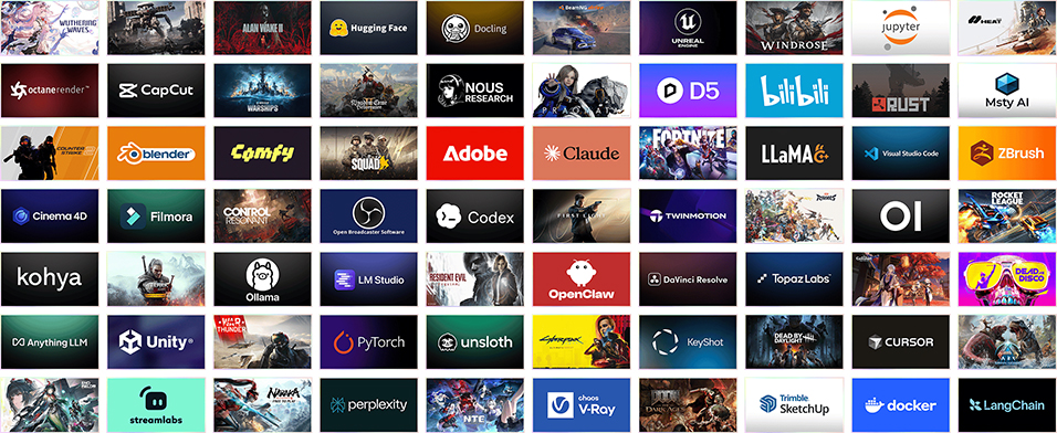 A grid display featuring various logos and banners for software applications, AI platforms, and video games