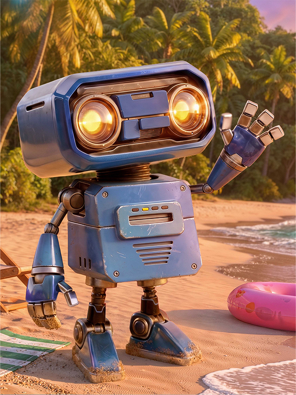 A friendly blue robot with glowing yellow eyes waving hello on a sandy tropical beach