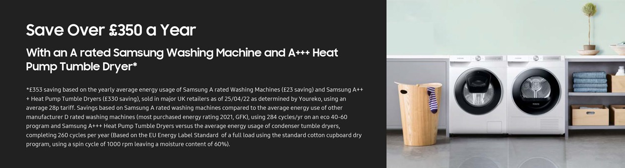 Save Over £350 a Year With an A rated Samsung Washing Machine and A+++ Heat Pump Tumble Dryer