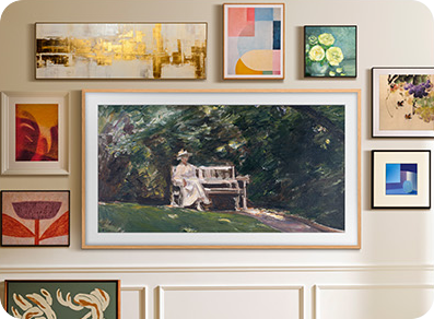 Gallery wall with TV displaying garden painting